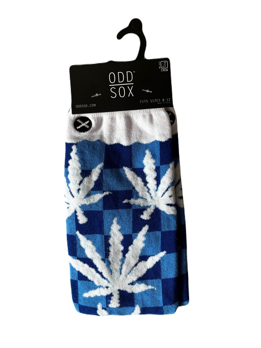 Odd Sox Men’s Blue Check Crew Socks with White Leaf Motif